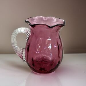 Pilgrim Cranberry Glass Creamer Pitcher Hand Blown Ruffled Top Applied Handle 4”
